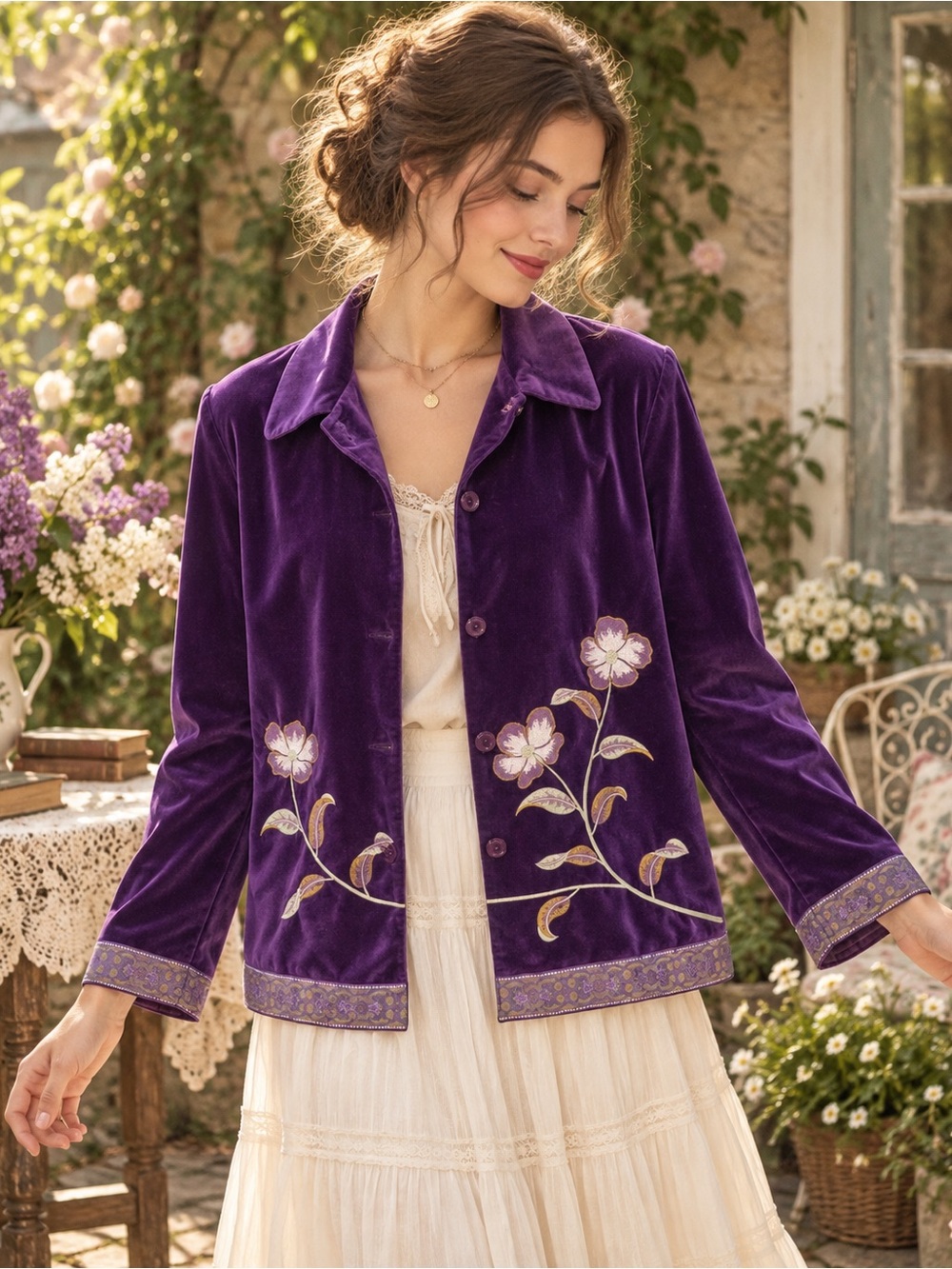 Jessica Holbrook Purple Velvet Jacket L Floral Embroidered Romantic Cottagecore